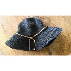 Karfil Wide Brim Sun Hat Black Straw Style Rope Detail Size 57cm S/M